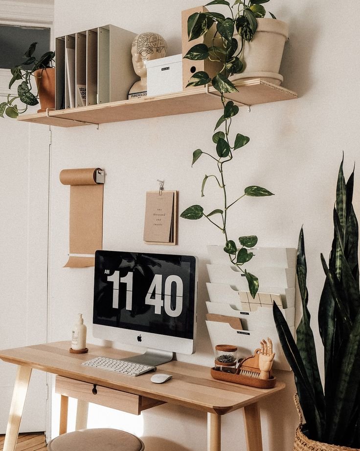Bureau style japandi plante blanc