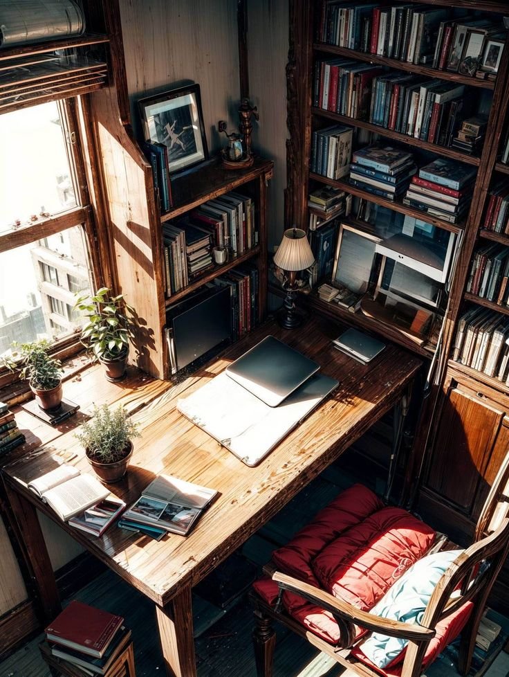 Bureau style japonais bois sombre petit espace