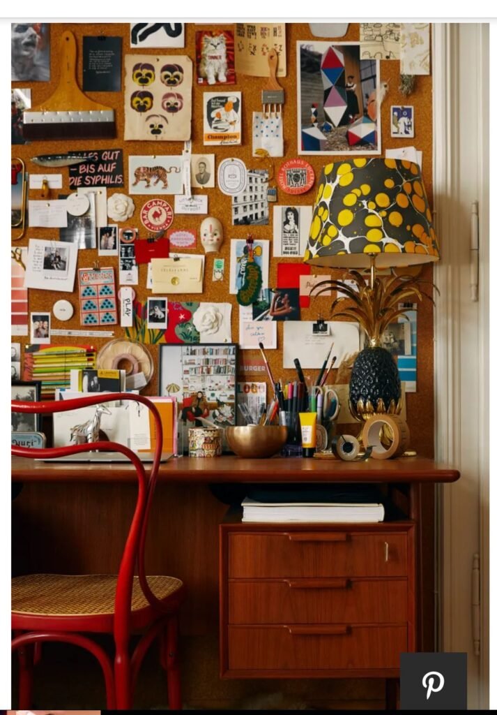 Bureau vintage avec deco murale maximaliste