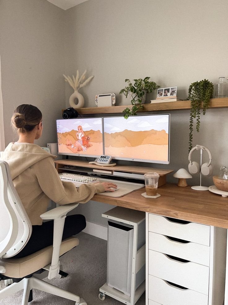 Bureau zen decoree en blanc bois et teintes neutres