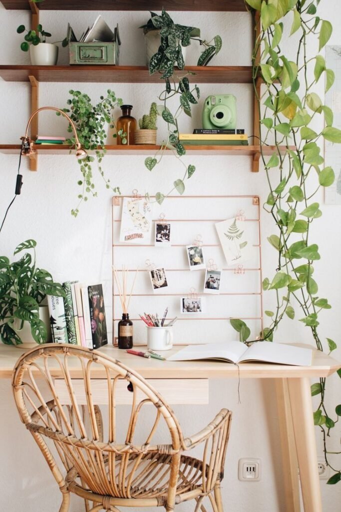 Déco bureau zen avec plantes vertes et style boheme