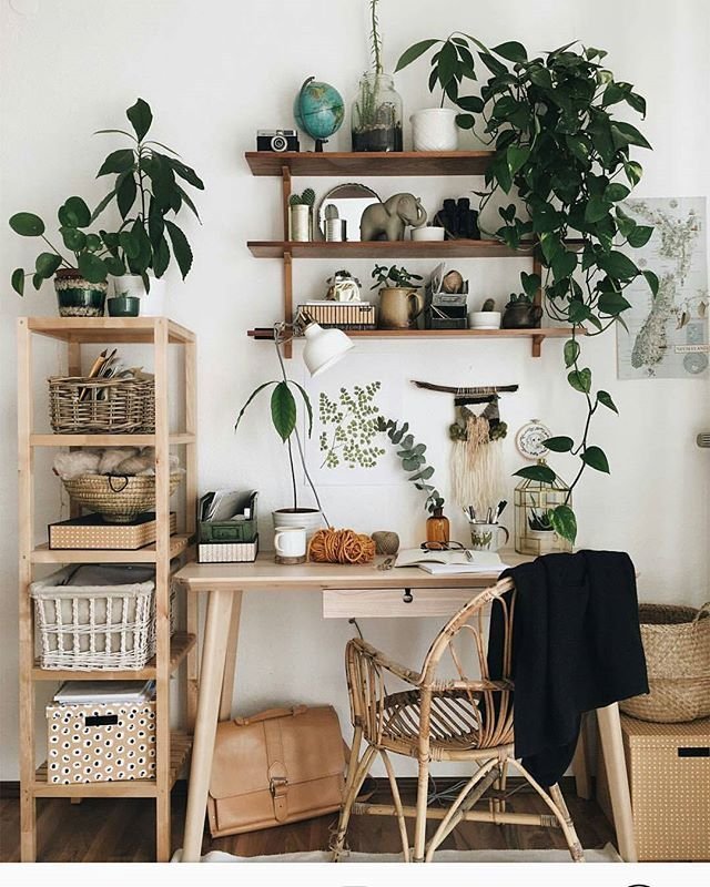 Deco bureau zen et boheme avec plantes vertes