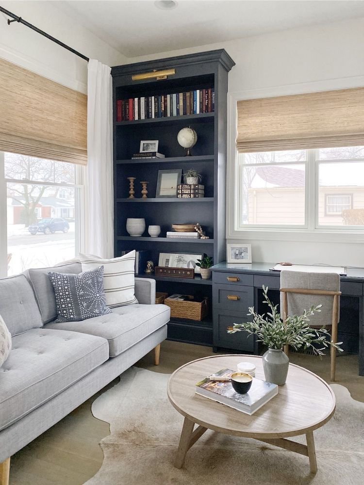 Deco bureau therapeute conjugal bleu beige blanc