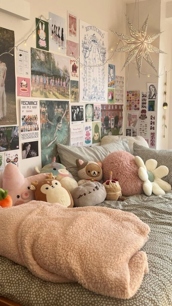 Deco chambre ado japonaise kawaii peluches sur lit