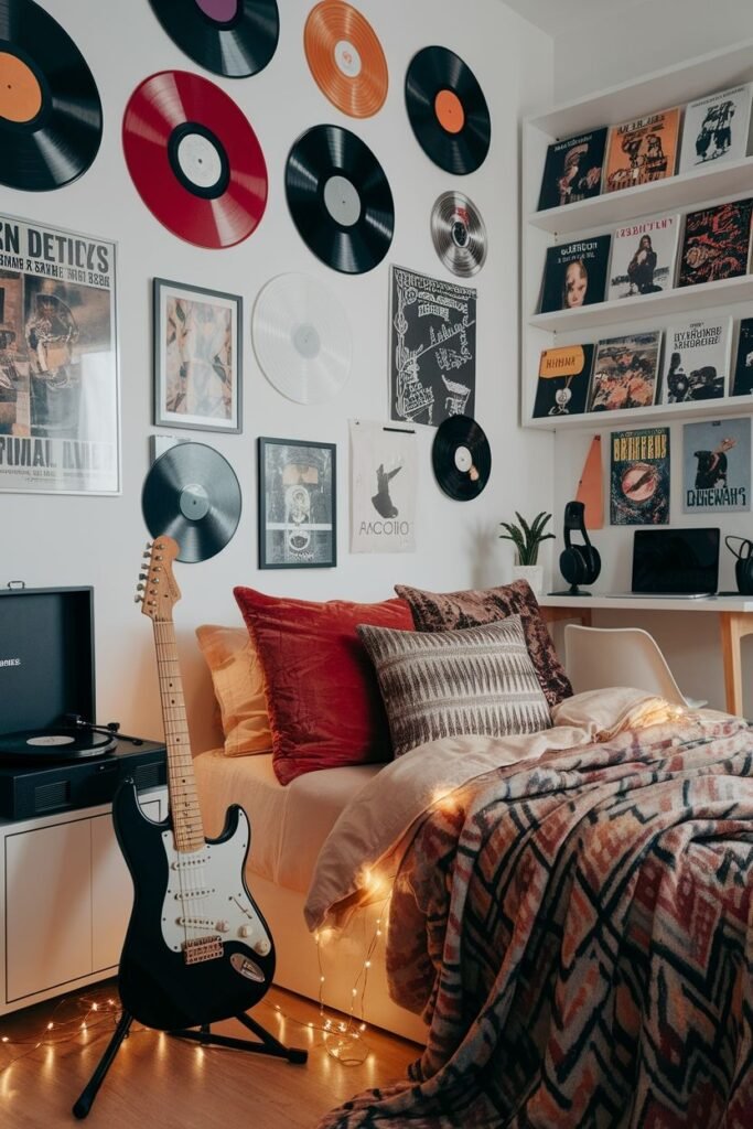 Deco chambre vintage ado musique vinyles guitares