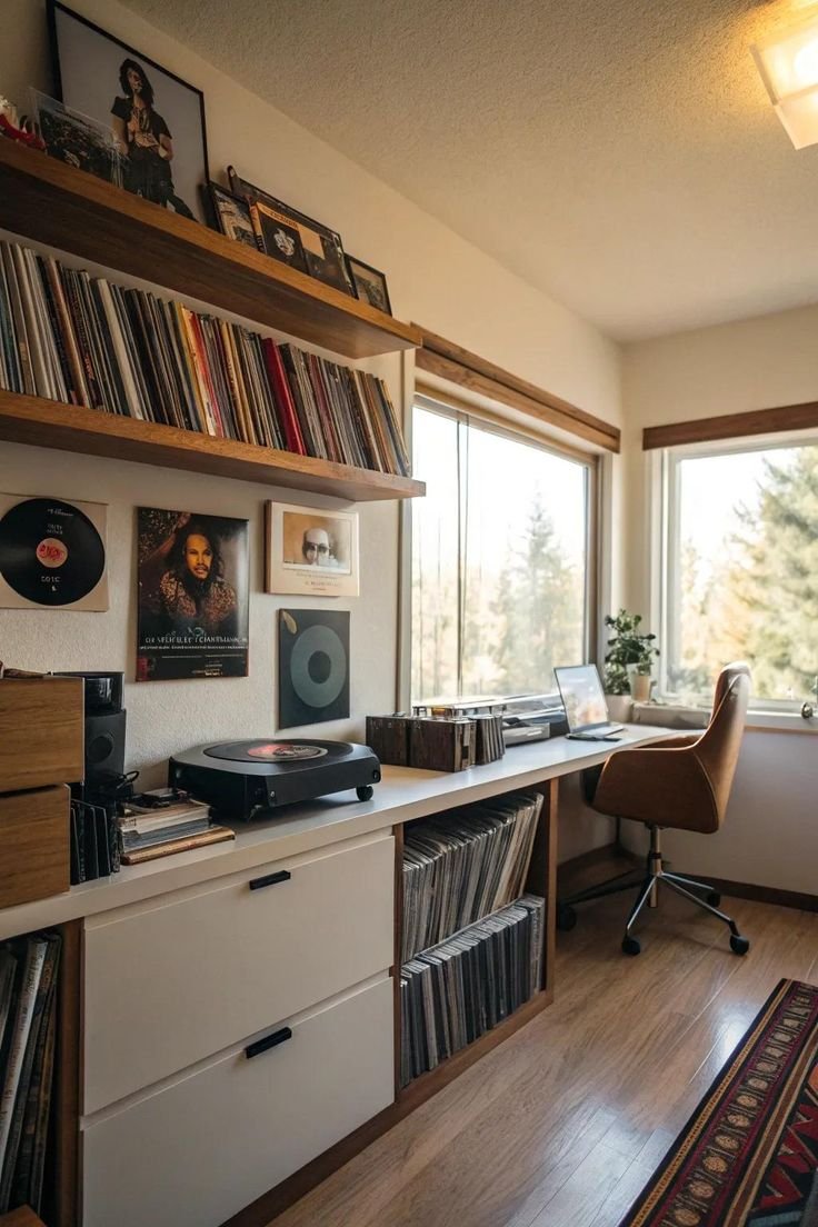 Idee deco bureau homme vintage avec vinyles