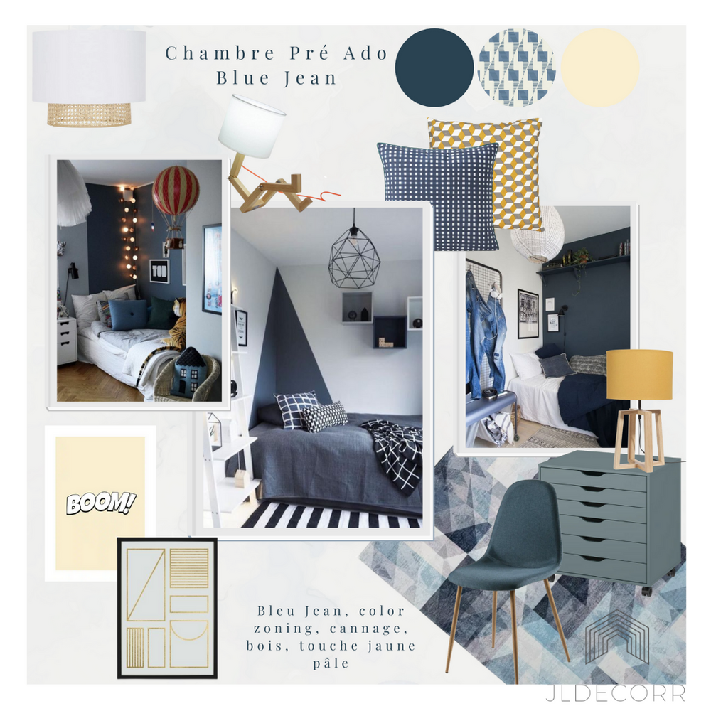 Moodboard bleu marine et neutres deco chambre ado cocooning