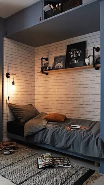 Chambre ado industriel lit et murs briques blanches