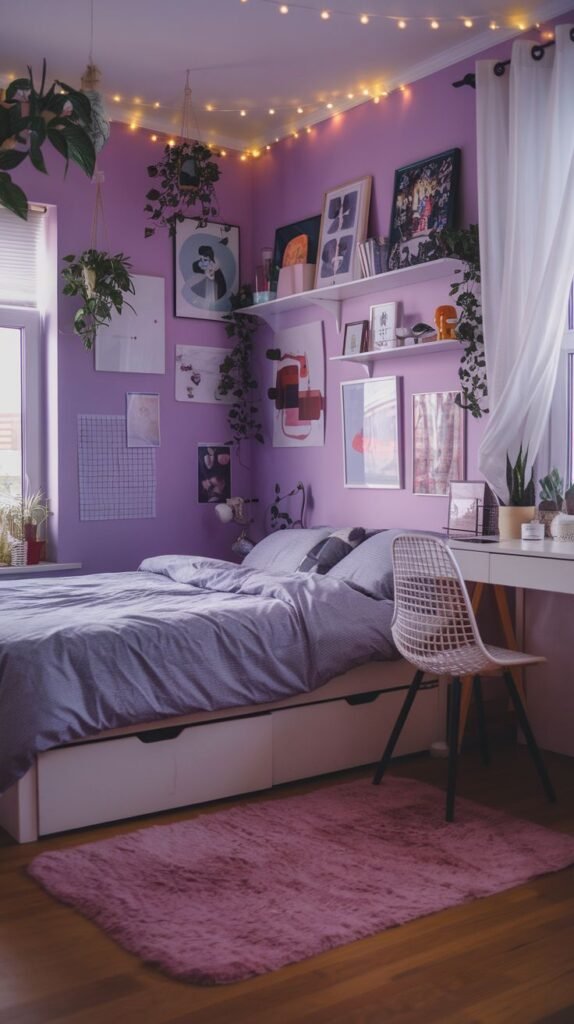 Chambre ado mauve avec guirlandes et plantes aesthetic