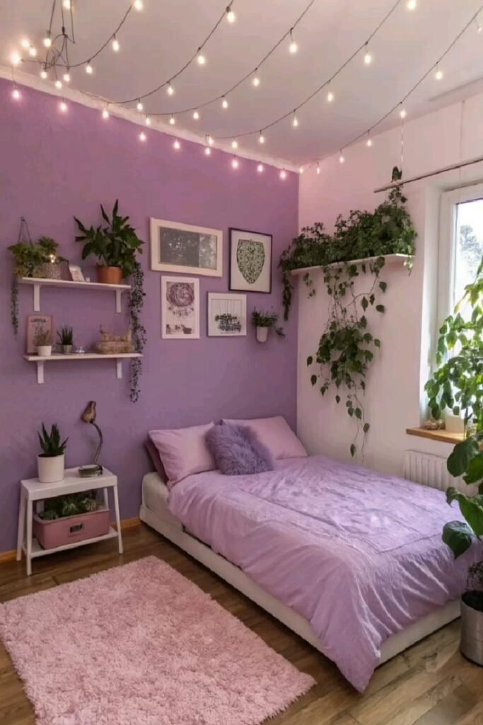 Chambre ado mauve et violette avec guirlandes lumineuses aesthetic