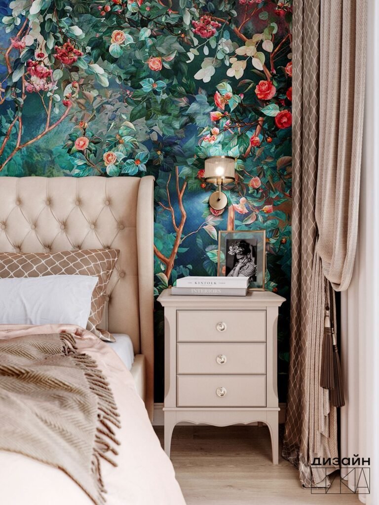 Chambre bleu canard ado papier peint et lit beige