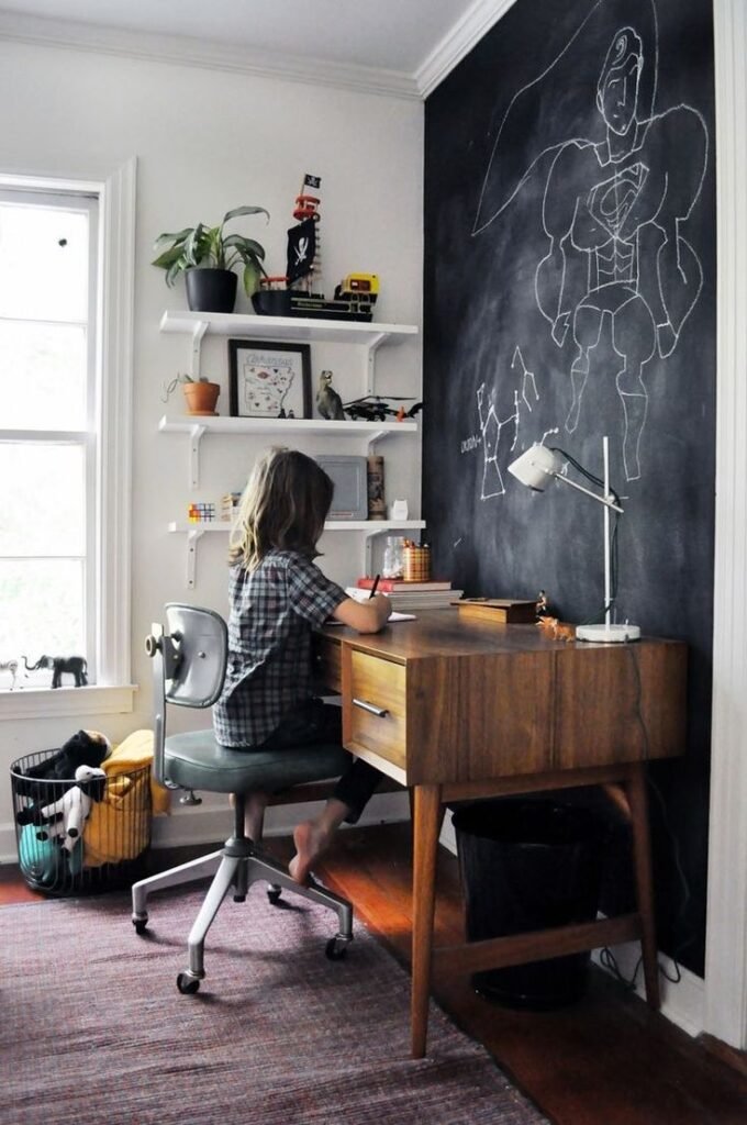 Chambre noir et blanc ado enfant bureau bois