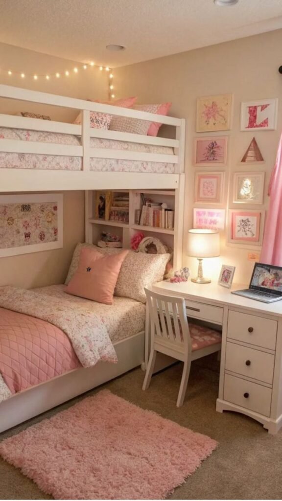 Amenager chambre pour deux ados lit mezzanine et bureau rose et blanc