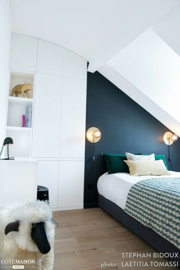 Amenager petite chambre ado sous pente couleur bleu blanc et vert par Stephan Bidoux