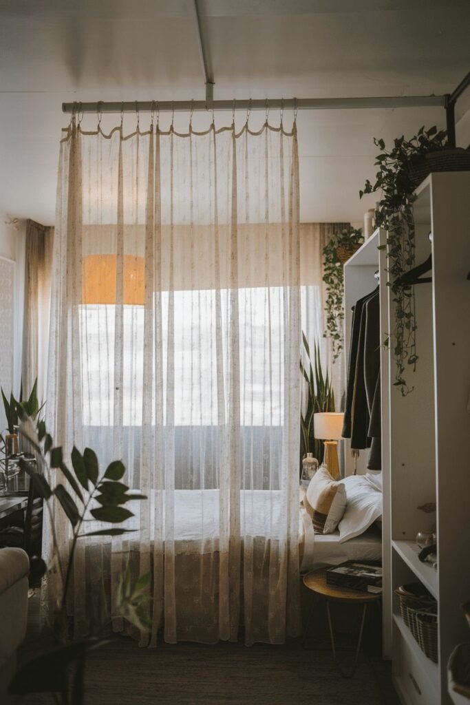 Amenager petite chambre ado style japonais avec rideau autour du lit