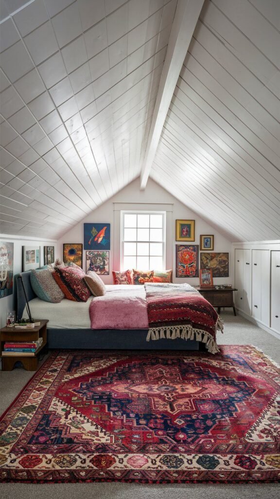 Chambre ado mansardee style boheme grand tapis perse rouge