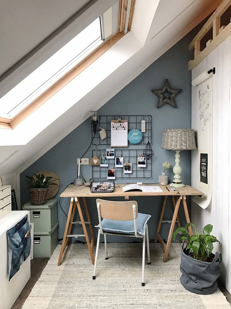 Chambre ado sous combles style industriel gris bleu