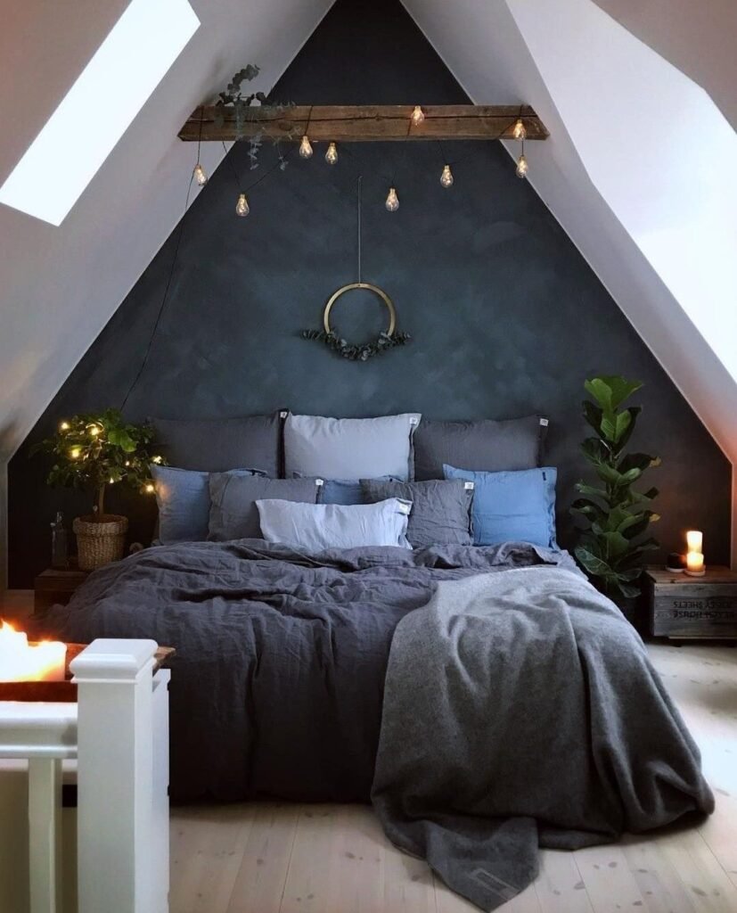 Chambre ado sous pente cocooning tons gris et bleu