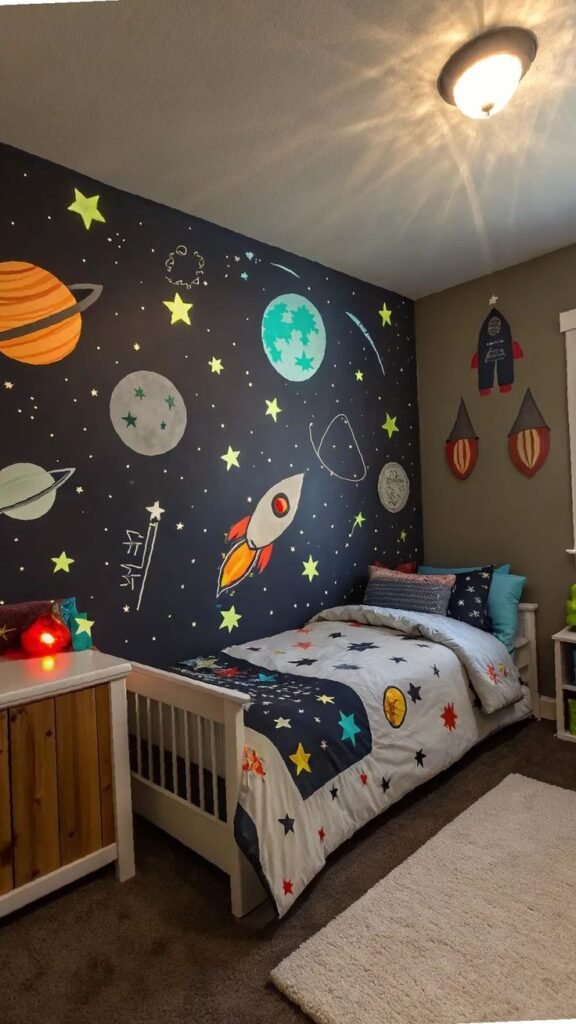 Chambre d_enfant à thème espace avec papier peint fusée et planètes