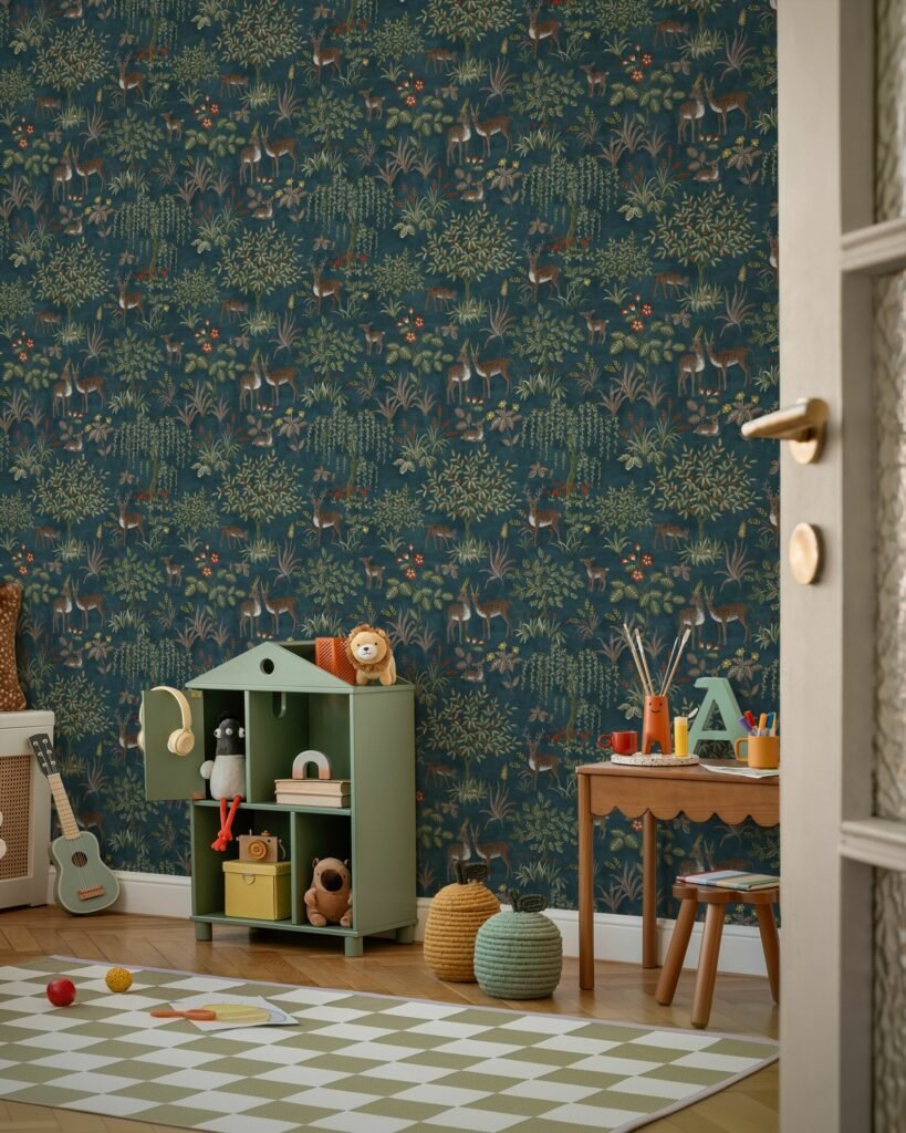 Chambre d_enfant bohème mixte avec papier peint vert et bleu photowall