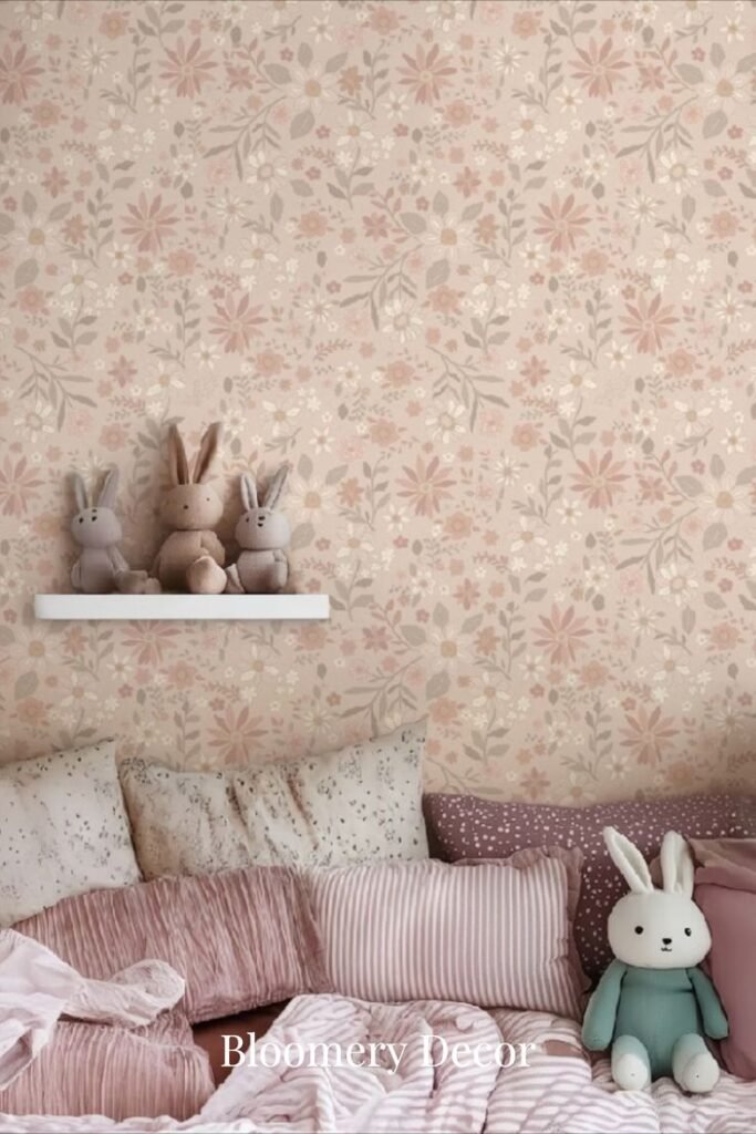 Chambre enfant bohème papier peint à fleurs avec étagère blanche