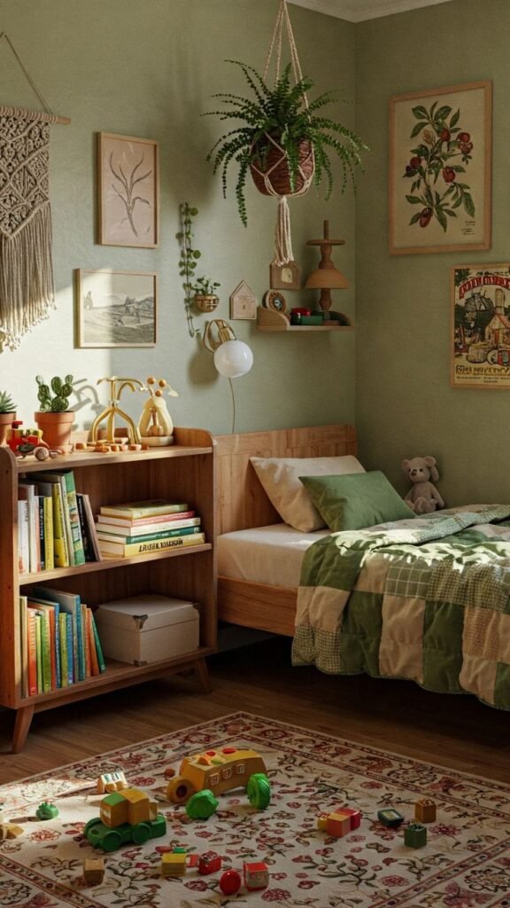 Chambre enfant style bohème verte et bois avec plante