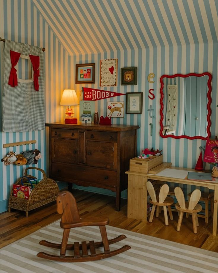 Chambre enfant style vintage avec papier peint à rayures bleu blanc et rouge