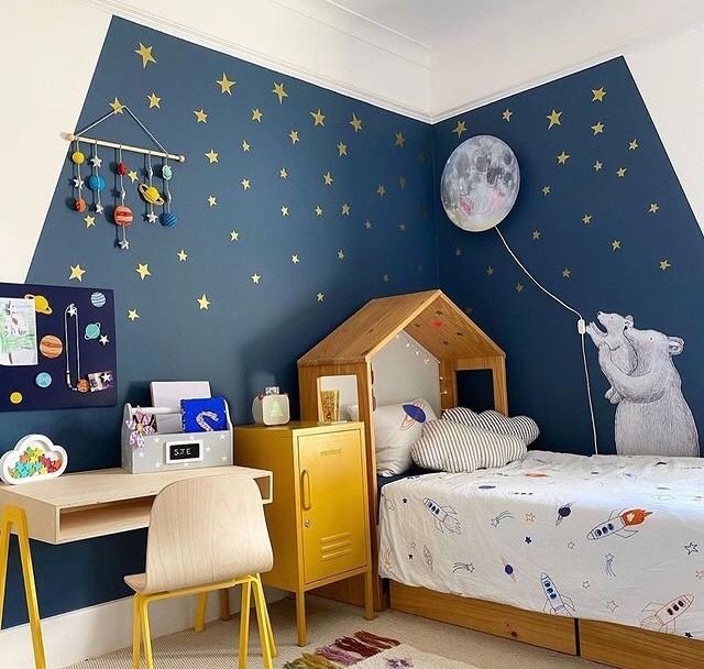 Chambre enfant thème espace style scandinave blanc bleu et jaune avec stickers étoiles
