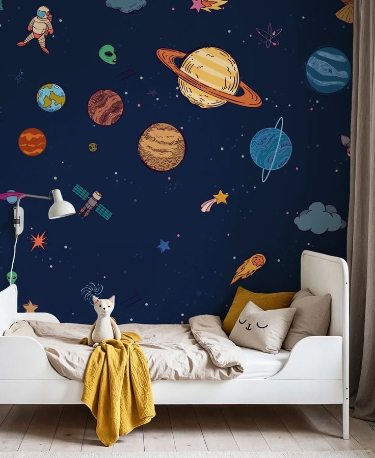 Chambre enfant thème espace style scandinave papier peint planètes colorées_