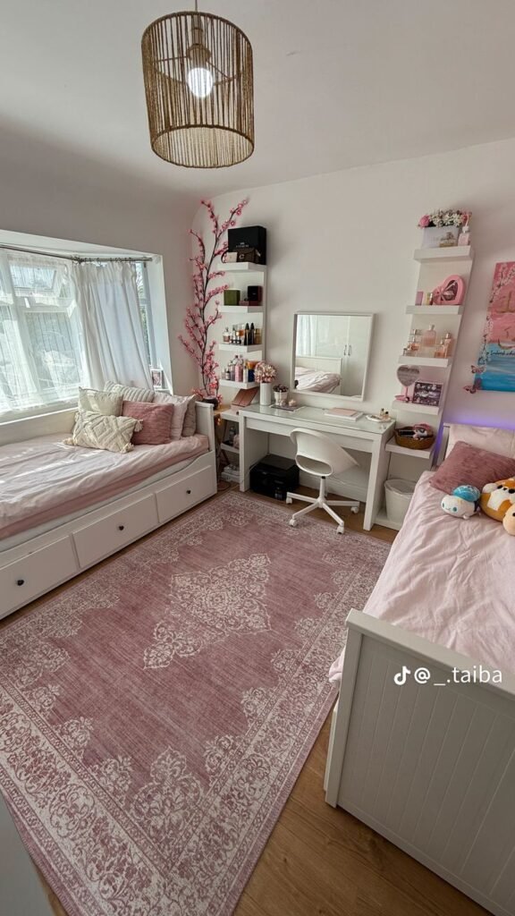 Chambre pour deux filles ados lits cote a cote coiffeuse et tapis vintage rose