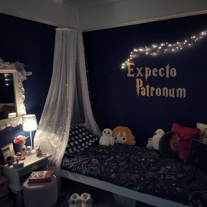 Comment aménager une chambre d_ado theme Harry Potter avec mur bleu marine