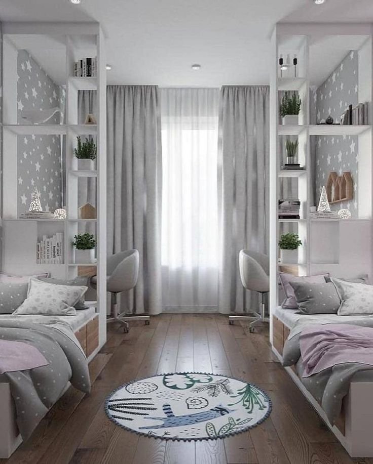 Chambre pour deux ados gris avec bibliotheque separant les bureaux