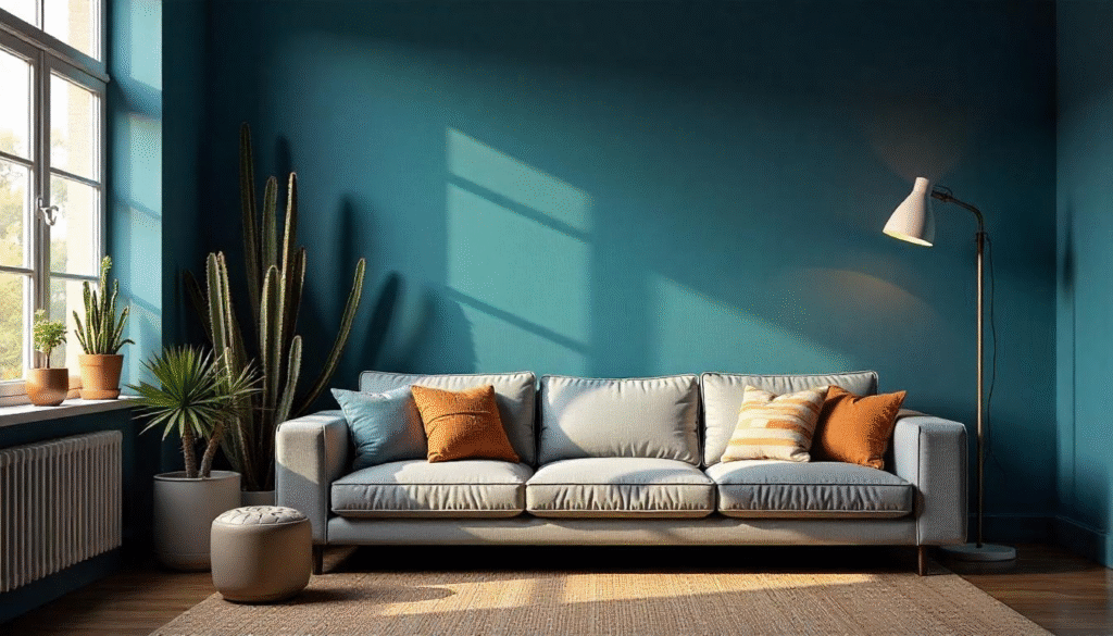 salon avec mur bleu genere par ia