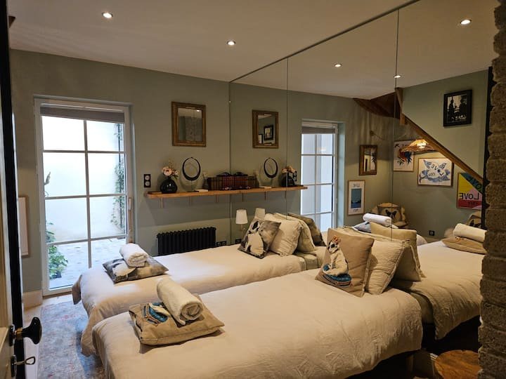 Chambre avec lit double et miroir recouvrant le mur duplex 75m2 Vichy_