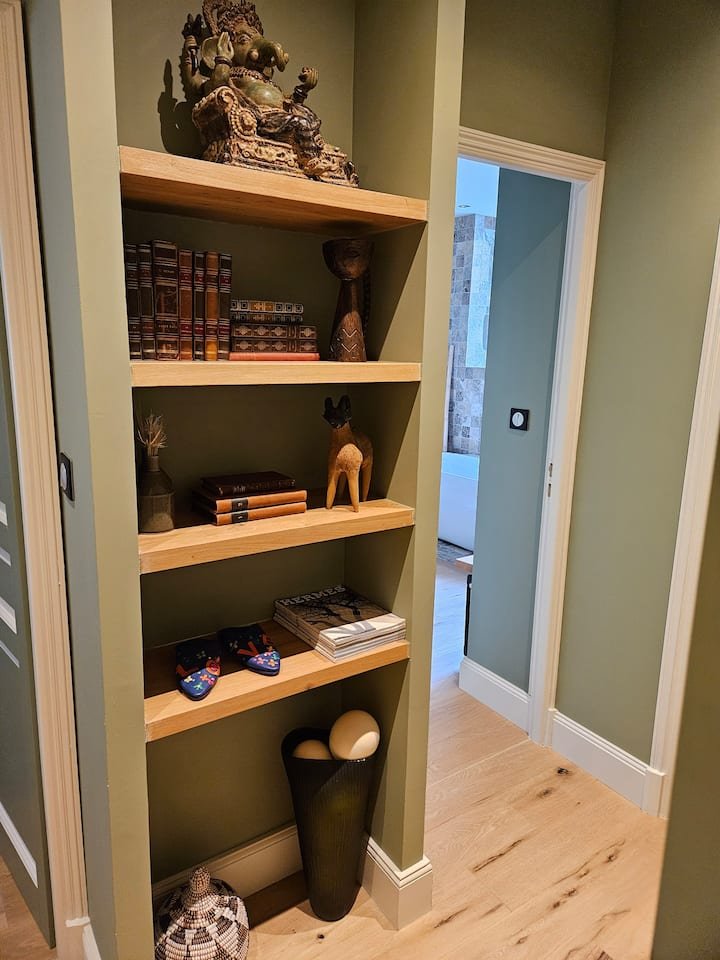 Couloir entrée du duplex de Vichy avec étagères en bois et peinture murale kaki_