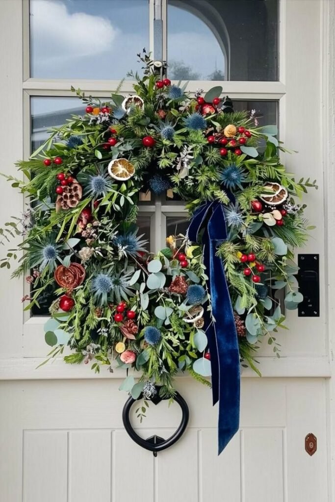 Couronne de Noël colorée avec sapin eucalyptus et ruban bleu sur porte