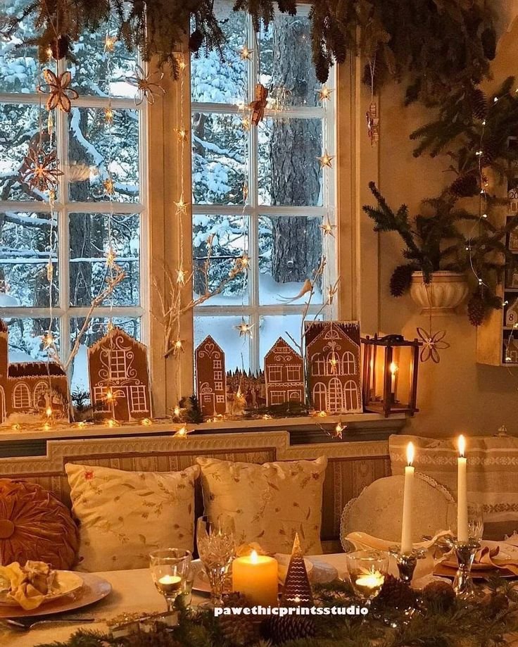 Déco cocooning chalet avec fenêtre décorée avec maisons