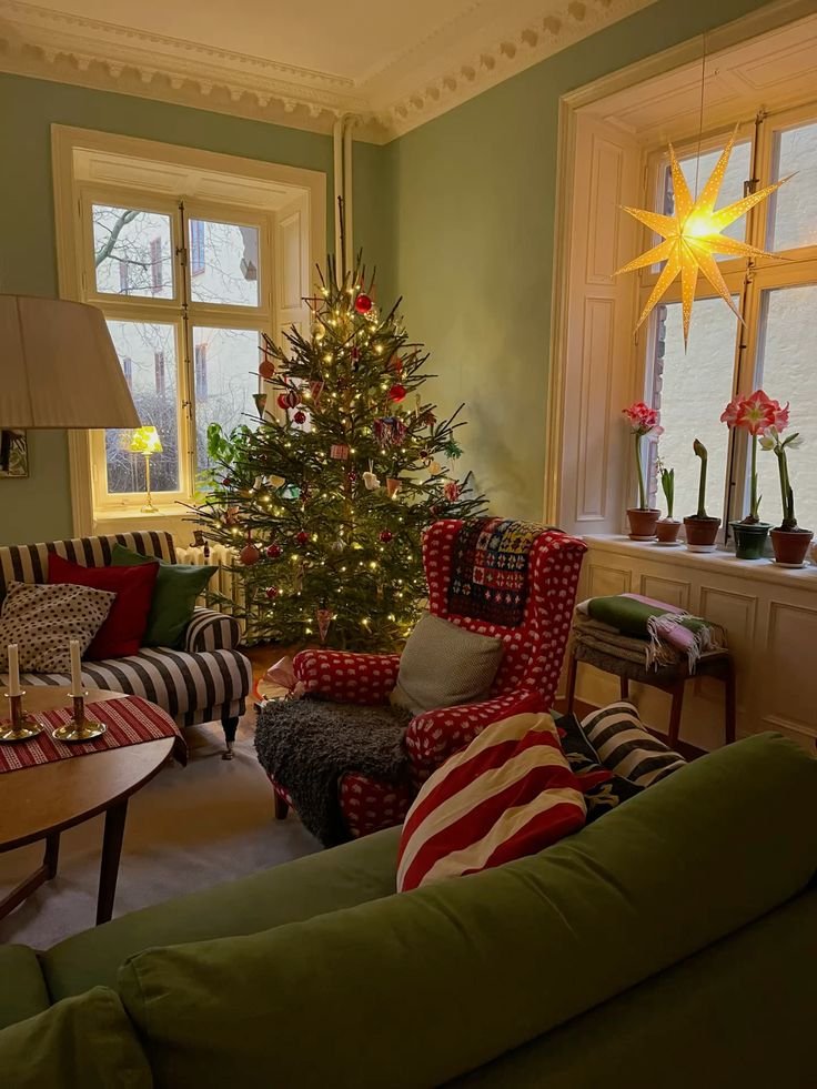 Déco de Noel nature cocooning avec rayures et etoile lumineuse