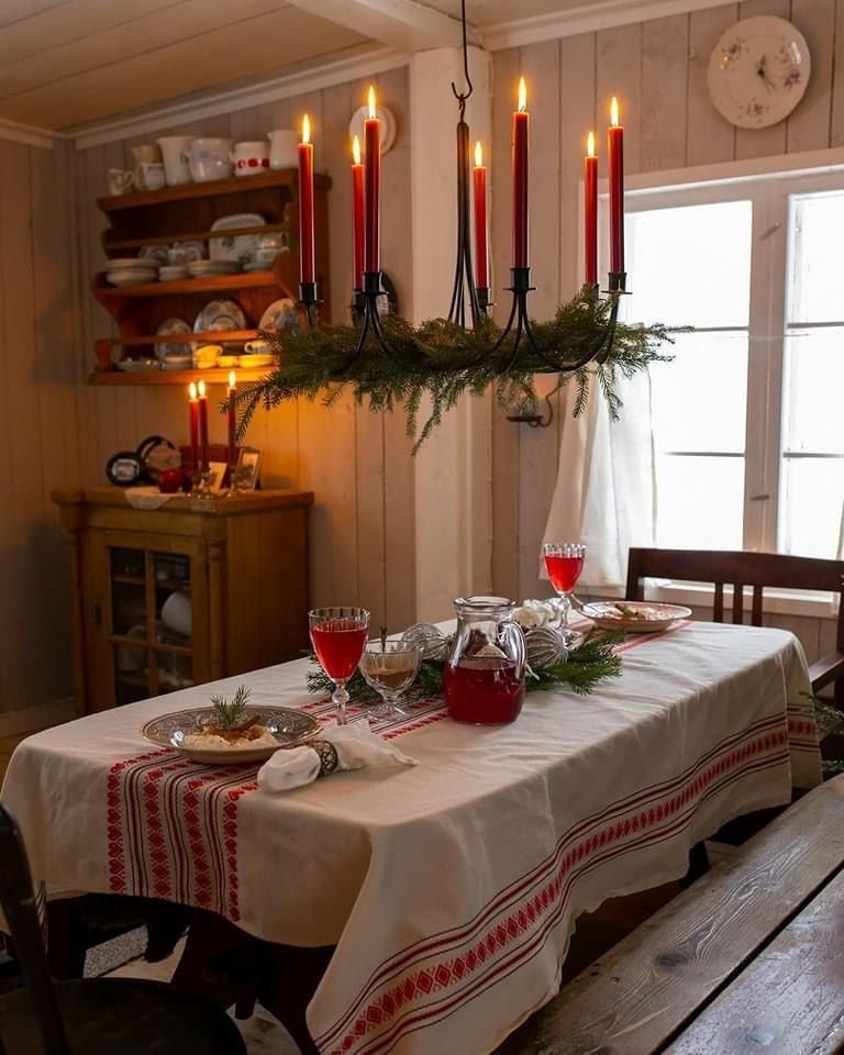 Deco de Noel nature salle a manger style campagne avec lustre a bougies