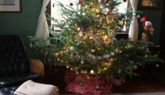 Déco sapin de Noël en doré dans salon vert avec grand tapis persan vert