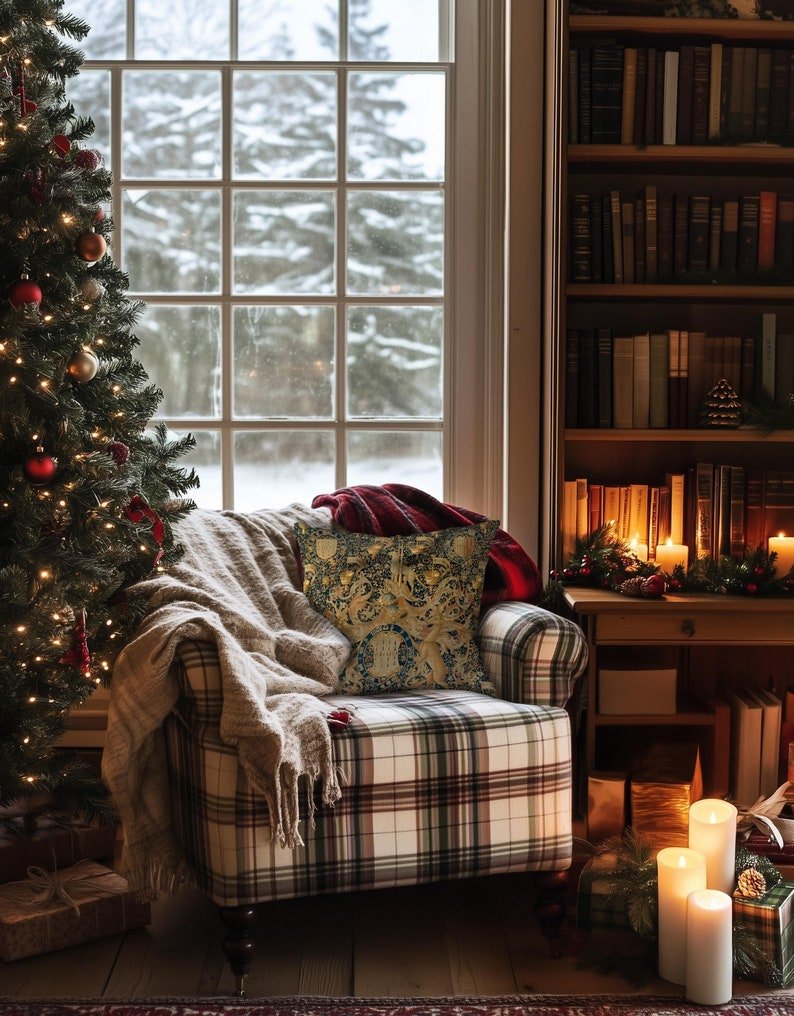 Décoration style chalet noel avec sapin et fauteuil tartan blanc et marron etsy