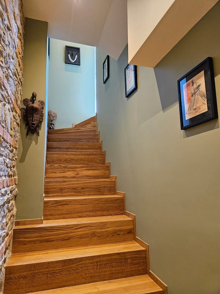 Escaliers en bois avec murs kaki et pierre duplex art nouveau Vichy_