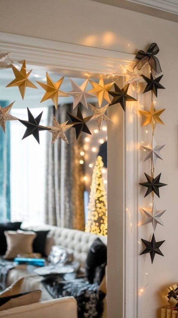 Guirlande d'etoiles de Noel au dessus de la porte avec guirlande et canapé