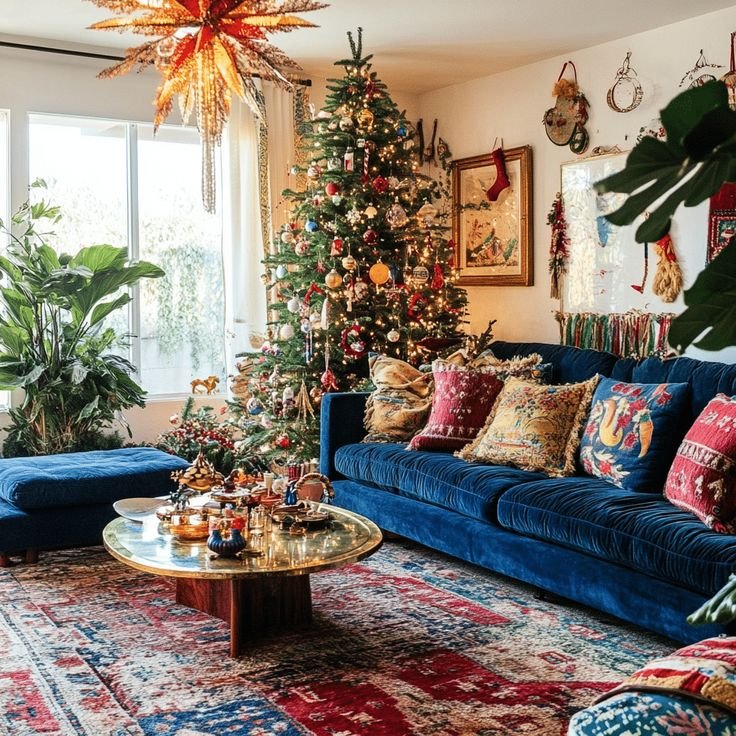 Salon déco noel style chic et vintage avec canapes bleus