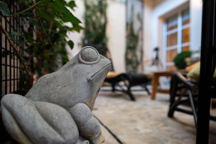 Terrasse avec grenouille en pierre Villa Saint Laurent Vichy