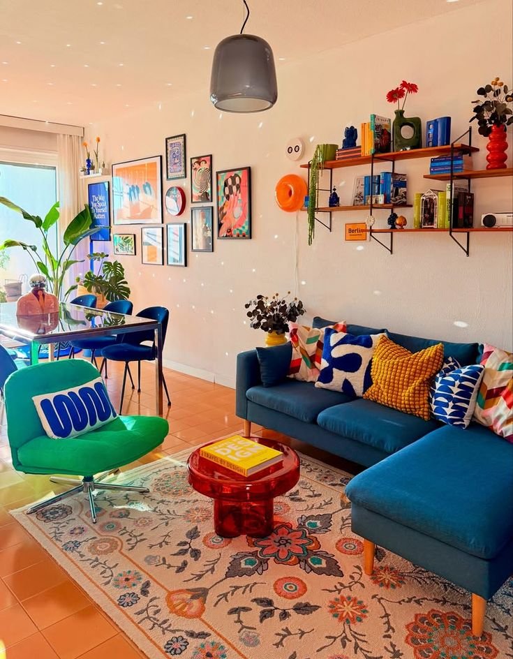 Salon vert et bleu vif dopamine decor