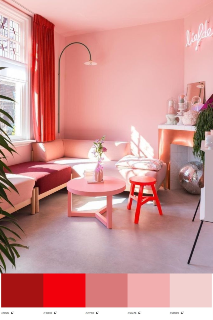 Palette de couleur rouge rose orangee avec salon solution peur couleur deco