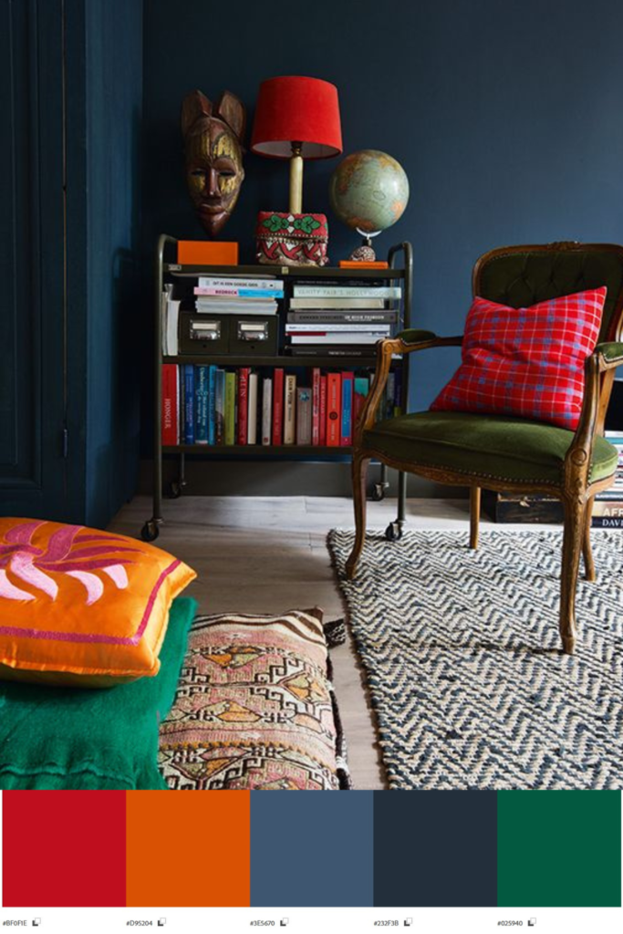 Palette de couleur rouge verte et bleu avec photo de salon peur couleur deco