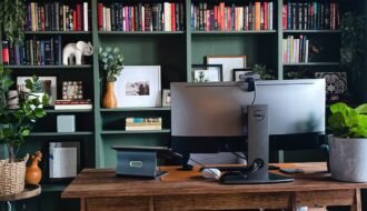 idee bureau vert bois et bibliotheque