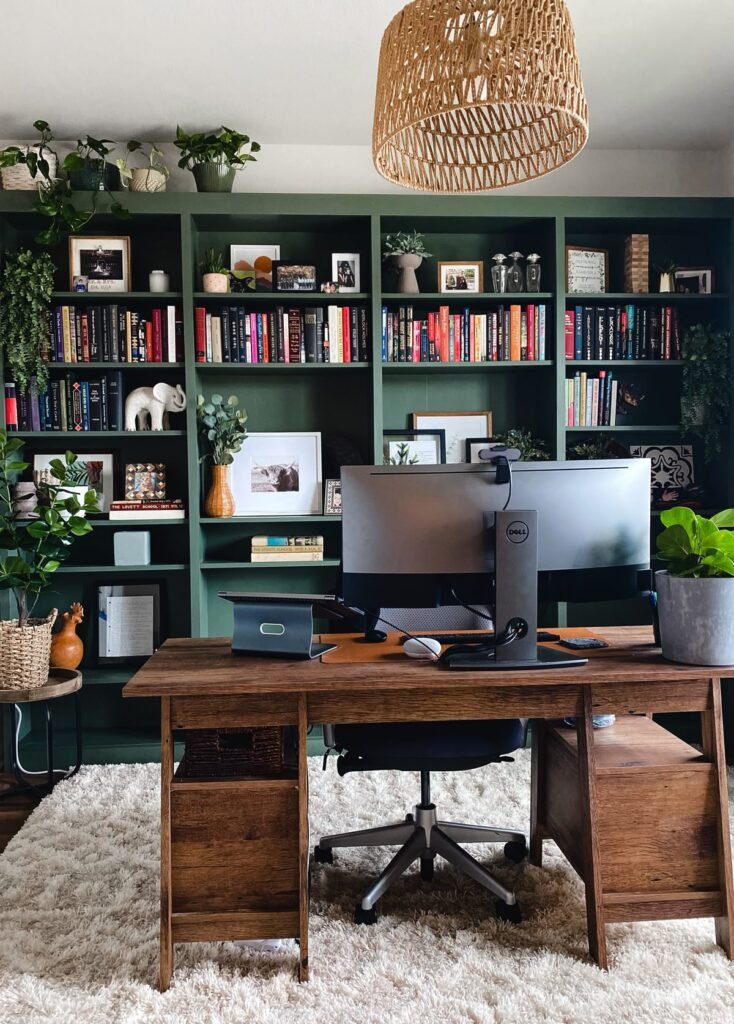 idee bureau vert bois et bibliotheque